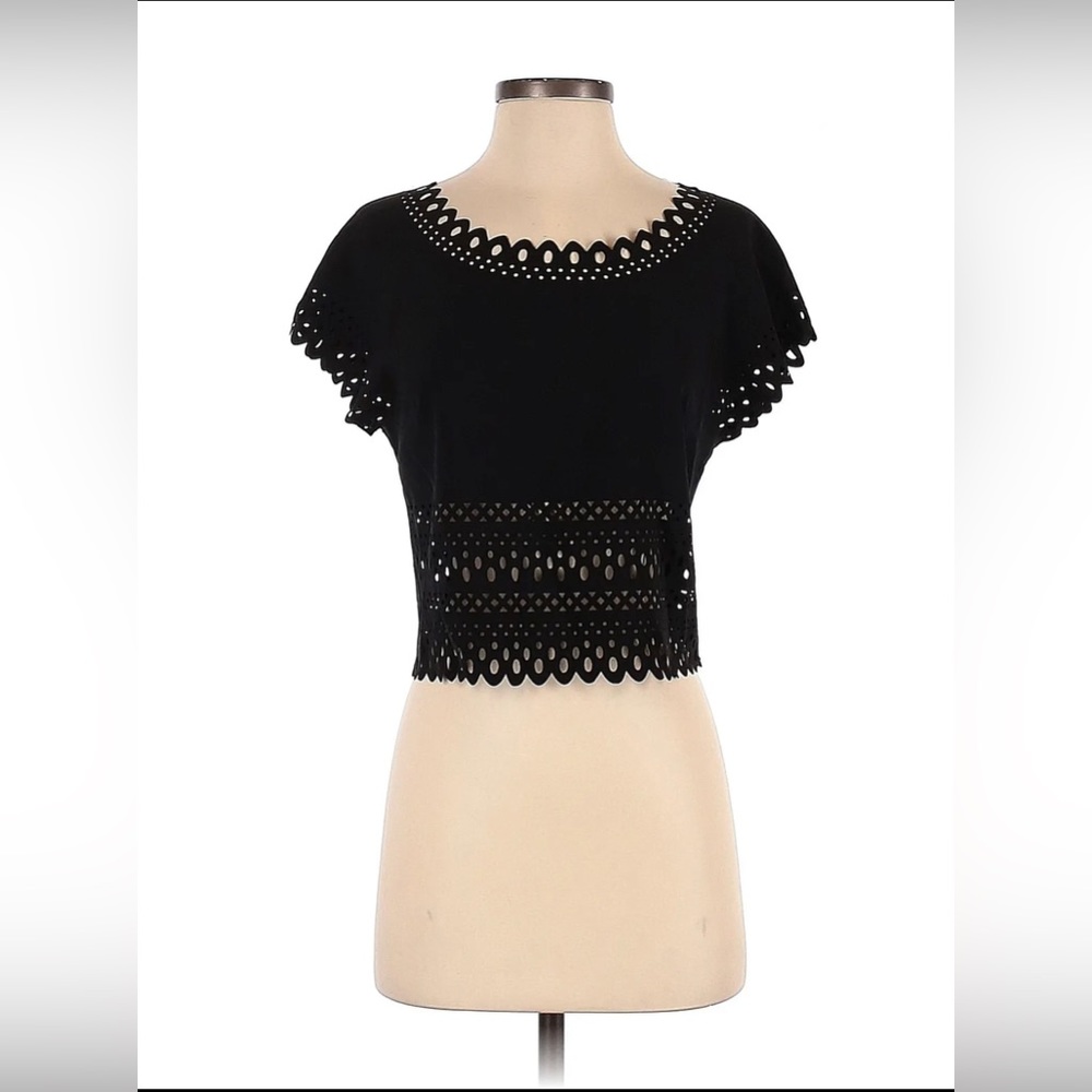 BEBE Black Crop Top with Decorative Cut Out Edge Zipper Back